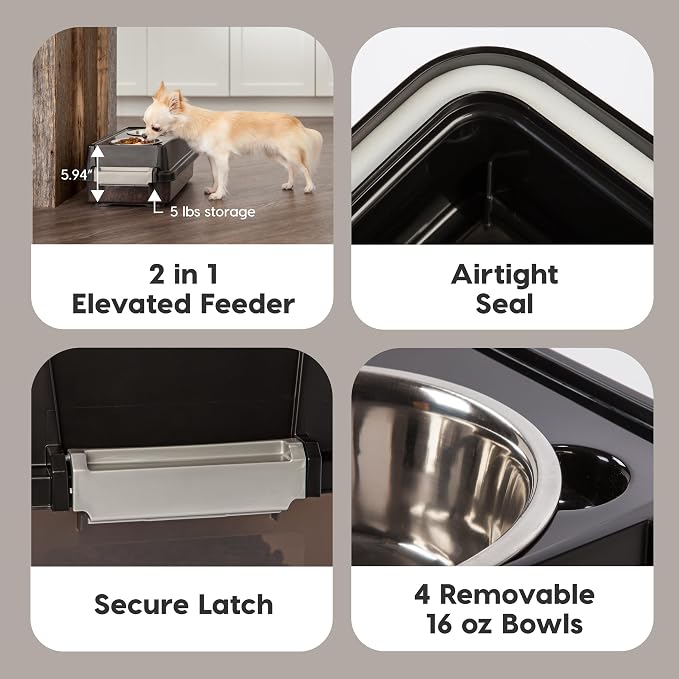 IRIS USA Elevated Dog Bowls with Storage, 6" H Raised Feeding Station, Dog Bowl Stand with Airtight Food Storage Holds 5 lbs, 4 Removable 16 oz Stainless Steel Food and Water Bowls, Smoke/Black