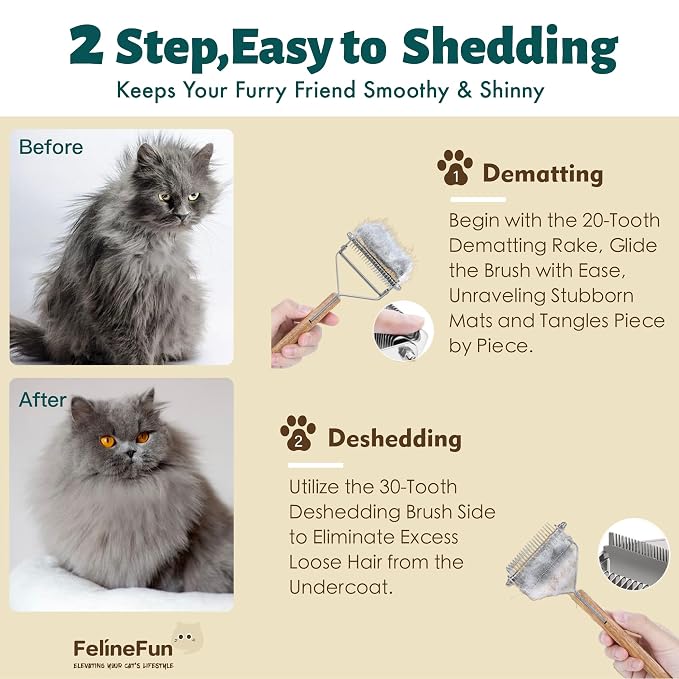 FelineFun Cat Brush for Dematting & Deshedding, 2 in 1 Undercoat Rake, Efficiently Remove Loose Hair & Matted Fur, Professional Shedding Comb for Indoor Cats & Long Haired Cats | Dual-sided undercoat rake helps remove loose hair, tangles, and light to ...