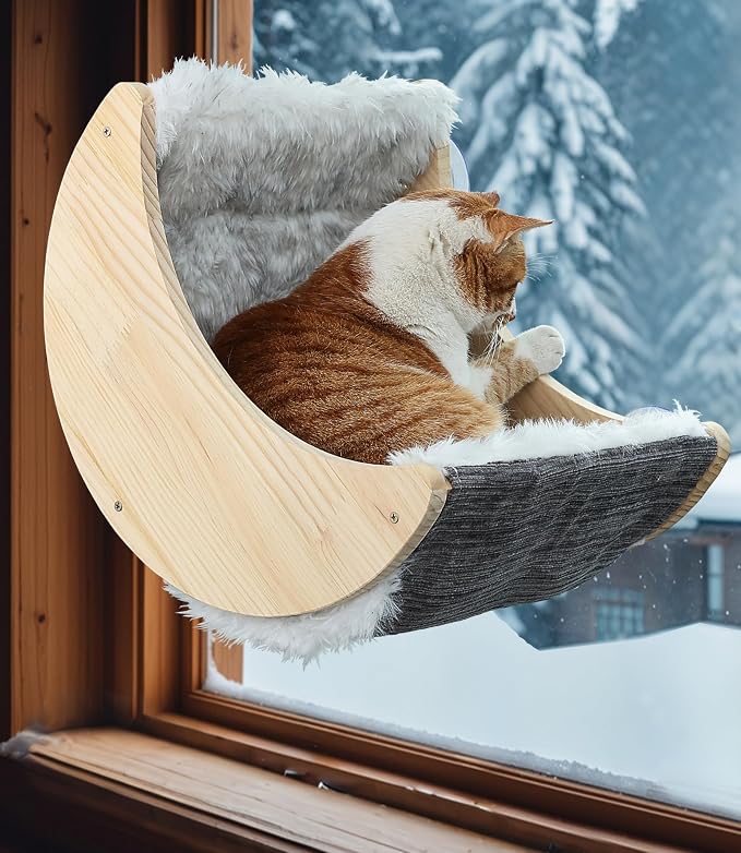 Cat Window Perch, Plywood Moon Bed with 4 Heavy-Duty Suction Cups | Ultra Plush Faux Wool Fur,Window-Mounted, Drill-Free, Up to 40 lb Support, For Small to Medium Cats, Machine-Washable Pad