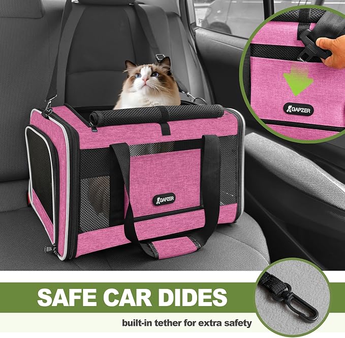 GAPZER Cat Carrier 18x11x11 Delta Airline Approved, Easy Load Soft Pet Plane Travel Bag 15 pounds, Teacup Dog Crate 12 lbs, Yorkie Kennel Carrying Case, Kitten Toy Poodle Mesh Cage up to 20lbs Pink