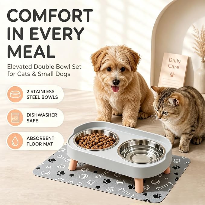 Elevated Dog Bowls with Mat, 2 Stainless Steel for Small Dogs Under 25 Lb | Raised Bowl Stand, Food & Water Set for Cats & Puppies, Splash Proof, Dishwasher Safe, Stain-Resistant Quick-Dry Mat