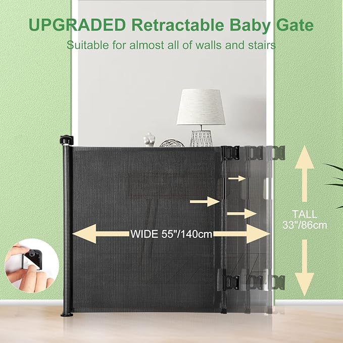 Retractable Baby Gate for Stairs & Doorways, 33" Tall Extends to 55" Wide | Extra Wide Safety Kid Pet Gate, Mesh Dog Gate for Indoor,Outdoor, Hallways One-Handed Operation, Easy Install(33”x55”- Black)