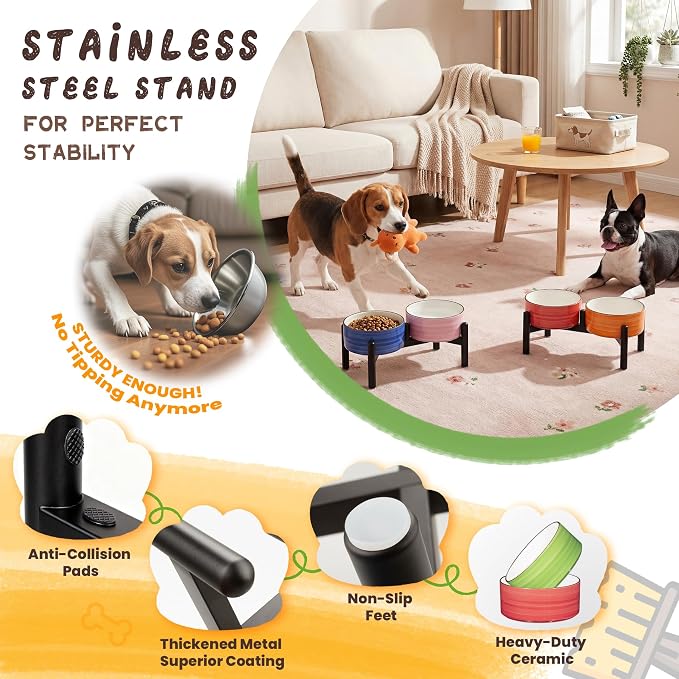 Ceramic Elevated Dog Bowl Set, 6.1''Raised Dog Food and Water Bowl Set with Non-Slip Stainless Steel Stand, Double Raised Dish for Small and Medium Breed, 3.5 Cups / 22 Fl Oz,Classic Pastels