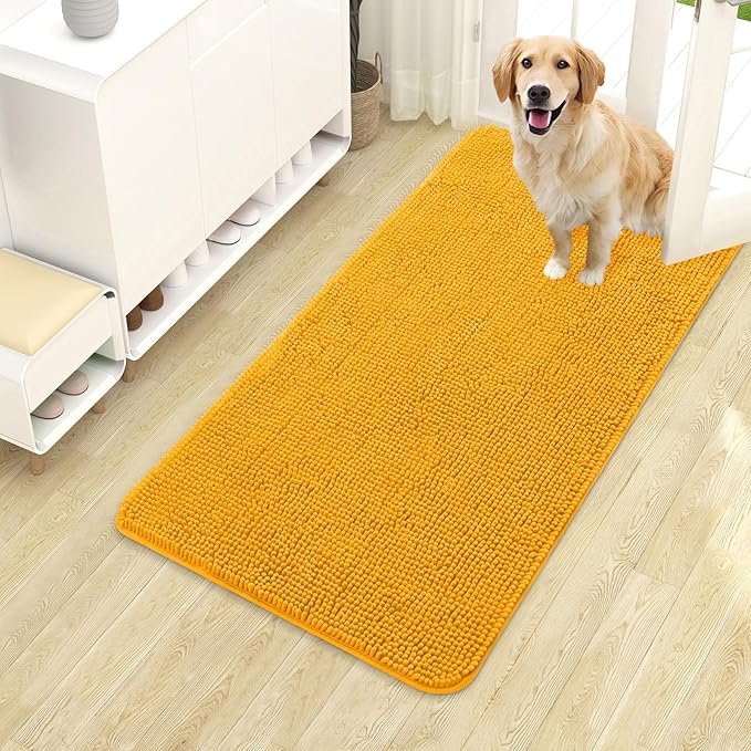 OLANLY Dog Door Mat for Muddy Paws 40x24, Super Absorbent Chenille Mud Mat | Golden Yellow, Absorbs Moisture and Dirt, Non-Slip Machine Washable Doormat, Quick-Dry Indoor Entryway Floor Carpet for Dogs