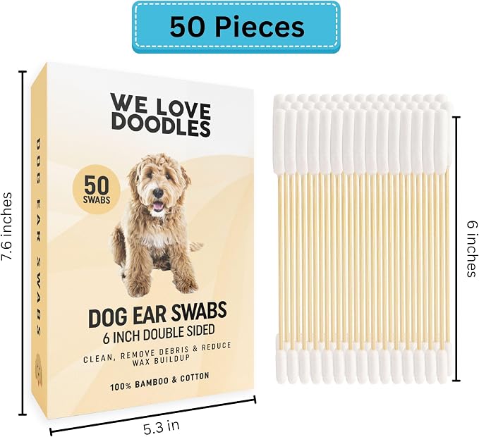 Dog Ear Swabs, Large Cotton Swabs, Double Sided, Pet Ear Cleaner Tool, 50pc | Advanced Dog Ear Cleaning, Reduces Itching, Odor & Wax, Ear Drops for Dogs, Golden Doodle & Poodle Ear Flush, Puppy Essential