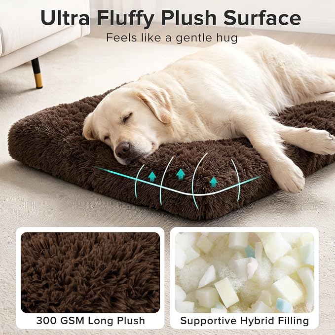JOEJOY Dog Bed Crate Pad, Deluxe Plush Washable Dog Beds Fulffy Soft Kennel Pad Anti-Slip Pet Sleeping Mat for Medium Small Dogs, 29" x 21", Brown