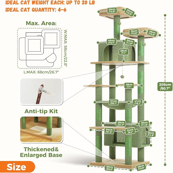 PAWZ Road 81" Cactus Cat Tree XXL Condo Hammock &2 Perches for Adult Cats | green large cat tree tower, 20"×16" hammock for maine cats, cute cat tower large condos,7 scratch posts & bottom scratcher