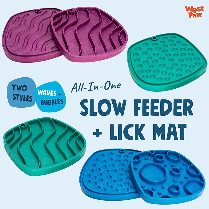 West Paw Seaflex Waves Feast Mat – All-in-One, Slow Feeder, Lick Mat – Encourages Foraging & Food Exploration - Engages Picky Eaters & Slow Feeding - Versatile – Easy to Clean, Non-Toxic - Marine