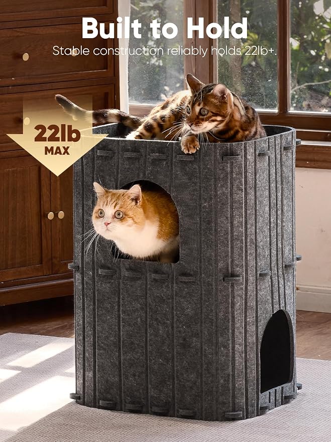 FUKUMARU Cat House for Indoor Cats, Warm Felt Cat Bed, Scratch Resistant | Large Cat Bed Cave, 3-in-1 Cat Condo, Cozy Felt Covered Cats Tunnel, 23.62 Inch Kitten Hideaway for Multicats, Dark Grey
