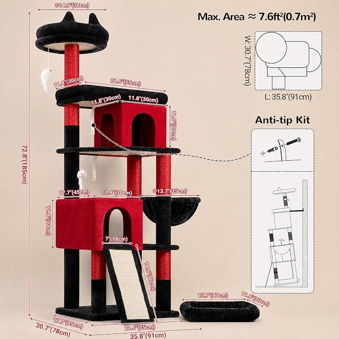 Globlazer Heavy Duty Gothic Cat Tree, 72in Large Cat Tower with Coffin Bed, Sturdy Maine Coon Cat Tree for Large Cats 20 lbs+, Medieval Castle Style with 6 Scratching Posts & Hammock, S72, Black & Red
