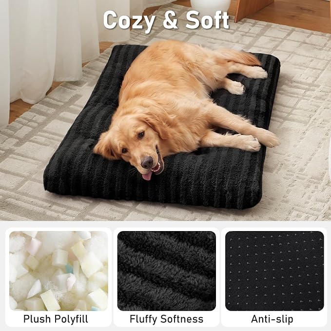 FURTIME Washable Dog Bed Large Sized Dogs, Deluxe Medium Dog Crate Beds | Comfy Fluffy Kennel Pad Anti-Slip Pet Sleeping Mat, Machine Washable Dogs Pillow, 35"x23"x3.5", Black