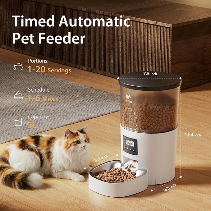 IMIPAW Automatic Cat Feeder, 3L Timed Pet Dry Food Dispenser with Clog-Free Design, Auto Feeder for Cats, 1-6 Meals Per Day, Desiccant Bags, with Stainless Steel