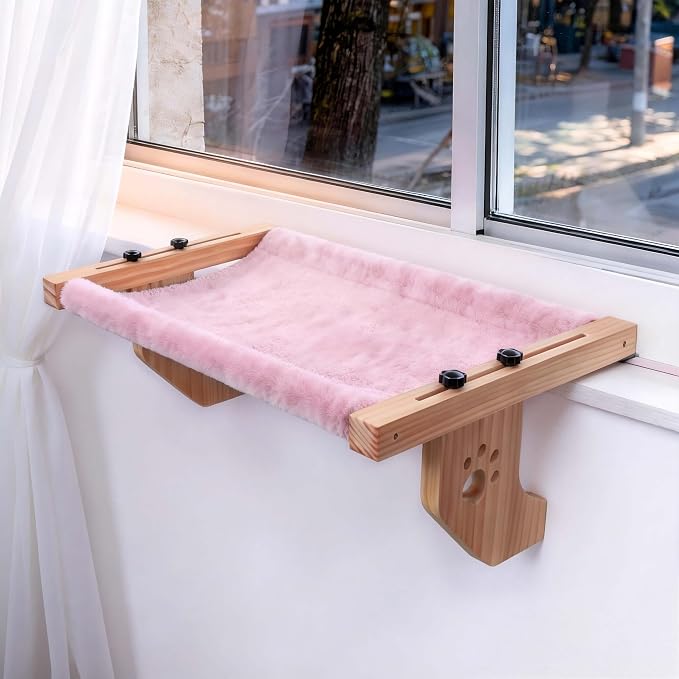 ESPETS Wooden Cat Window Bed for Large Cats, Pink Cat Window Perch Hammock | Solid Wood Window Ledge Perch, Sturdy Large Size Shelves, Soft Thick Removable Cushion, Easy Assemble Adjustable, Hold 50LBS