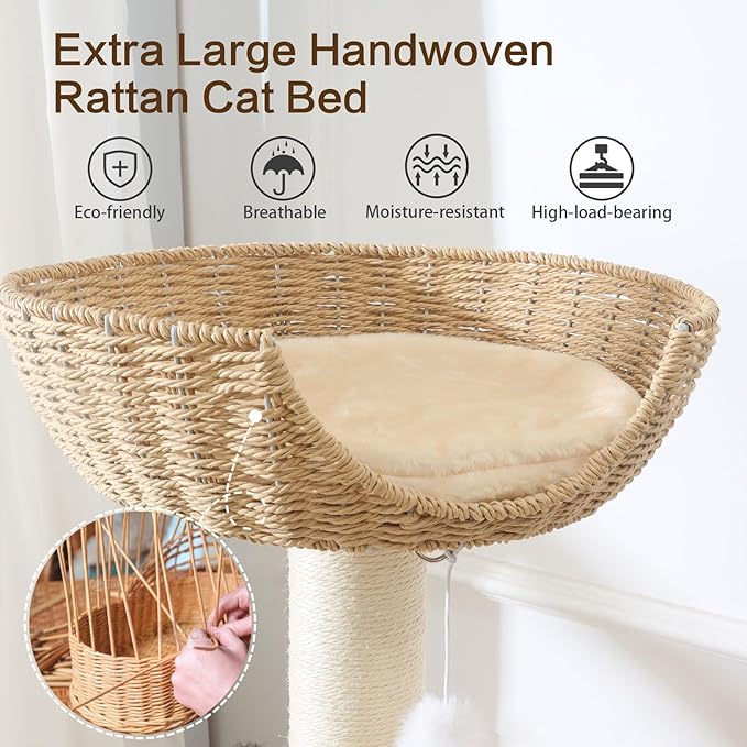 49.6in Solid Wood Cat Tree for Large Cat, Modern Tall Cat Tower | Multi-Level Cat Condo, Cute Aesthetic Design, with Scratching Post, with Hand-Woven Cat Bed, for Indoor Cats, Easy to Clean