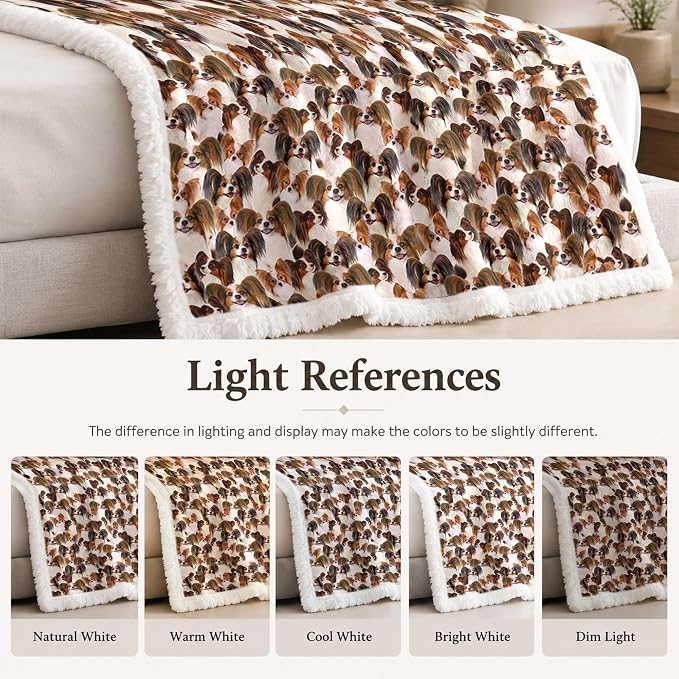 BlessLiving Papillon Brown Throw Blanket with Dense Dog Patterns Sherpa Fleece Blanket Couch Bed, Soft Cozy Warm Pet Blankets for Puppy Lovers Cute Animal Print Gift 50x60 Inches