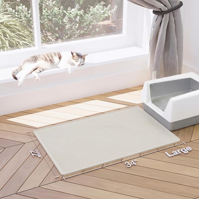 Cat Litter Box Mat - L Large Size 34 x 22 in, Water Proof, Kitty Litter Trapping Mat, Easy to Clean, Scatter Control, Odorless, Pet Supplies for Indoor Cats, Warm Beige