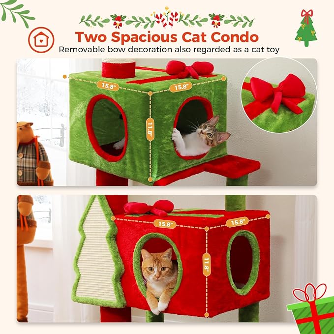 PEQULTI 90.9''-107.8'' Floor to Ceiling Cat Tree for Large Indoor Cats, Tall Christmas Cat Tower with 2 Spacious Condos, Bow Toy and Sisal-Covered Scratching Post & Pad Red/Green