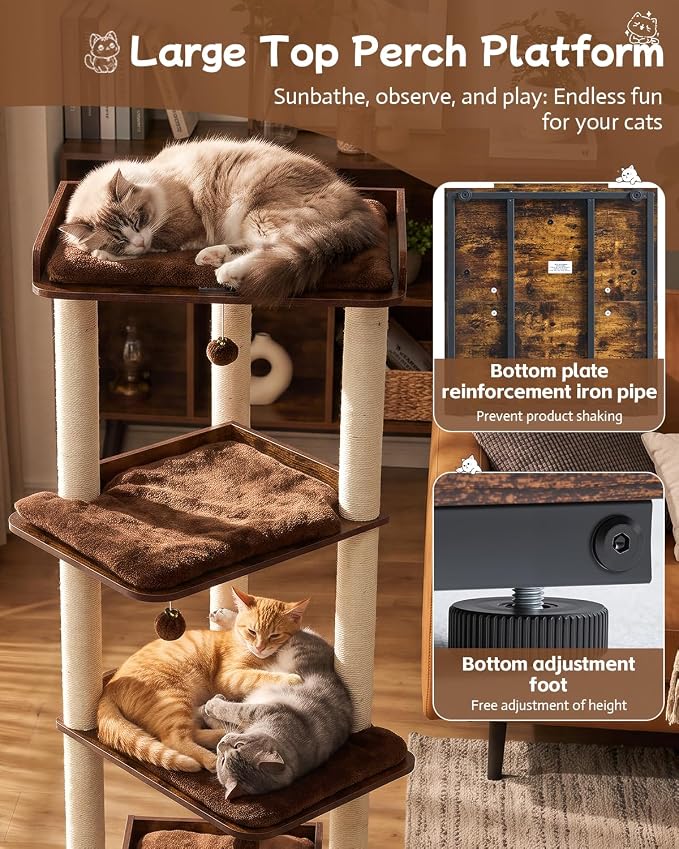 Heavy Duty Cat Tree, 67.7" Cat Tree for Indoor Cats Large Adult, Modern Cat Tower for Large Cats, Cat Tower with Scratching Post, Large Perch and Removable Pads, Rustic Brown