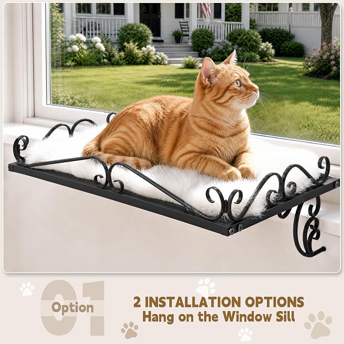PUPETPO Cat Window Perch for Large Cats, 2-in-1 Window & Sill Mount, Black | Heavy-Duty Iron Frame with Triangle Support, Cat Window Bed with Plush Cushion, Holds 40+ lbs