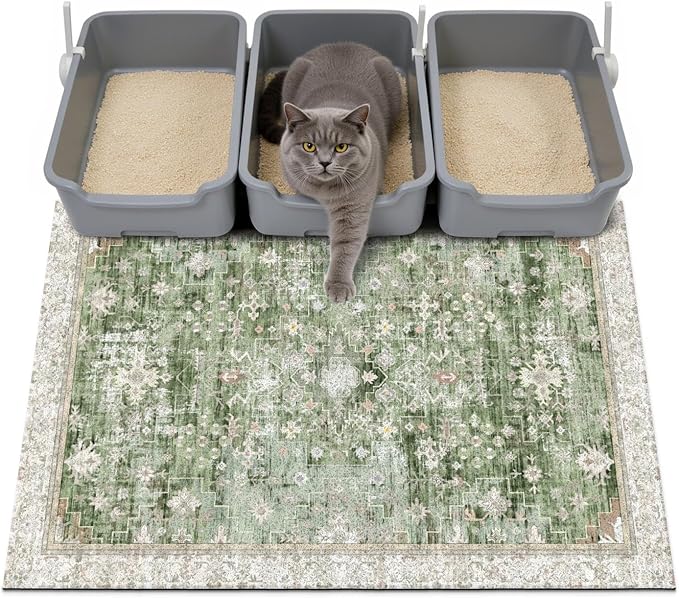 Cat Litter Mat Litter Trapping Mat, 40"x30" Waterproof Urine Proof Litter Box Mat Catcher Mat Non-Slip Washable for Kitty Kitten, Green