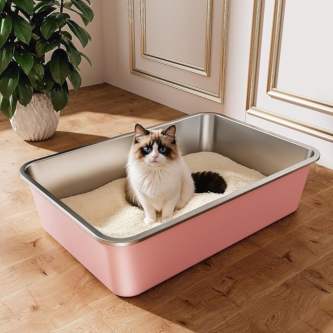 Qiuma Stainless Steel Litter Box, Large Metal Cat Litter Box with High Sided for Big and Small Cats, Non-Stick, Easy to Clean, Odor-Free, 23.4" L×15.6" W×5.9" H, Blush Pink
