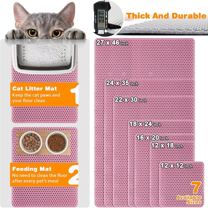 Cat Litter Mat 18"x24",Double Layer EVA litterbox Mat, Pink | Waterproof honeycomb large grid, urine-proof and odor-free. Traps litter, easy cleanup,Washable, non-slip backing