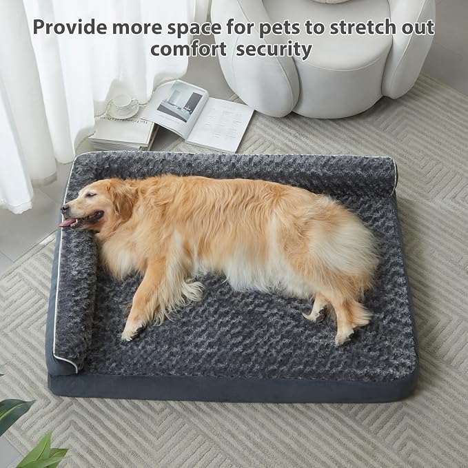 BFPETHOME Extra Large Orthopedic Dog Bed, L-Shaped Pet Bed for Dogs up to 100 lbs, Waterproof, Removable Washable Cover, Non-Slip Base, 48 x 35 x 7.5 inches, Dark Grey | Deluxe Plush Rose Velvet Washable Cover, Egg Crate Foam Support, Waterproof Lining...