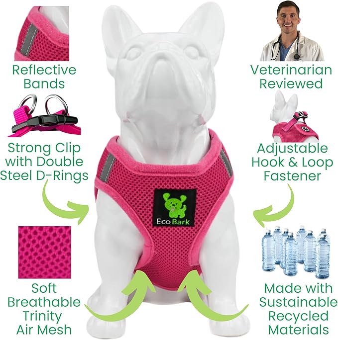 EcoBark Pink XXXS Dog Harness, Soft Mesh No Pull Mini Body Halter for Toy Breeds up to 10in, Escape Proof, Recycled Straps, Adjustable, Teacup Dog Harness Vest Under 5lbs