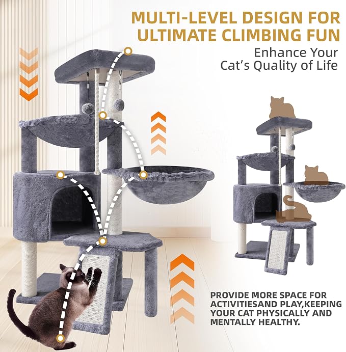 Three Layer Cat Tree with Cat Condo and Two Hammocks,Grey | 3-Tier Cat Tree,Scratch Pad ,Natural Sisal,Replaceable Hanging Balls,Sturdy Cat Furniture for Kitten&Adult Cat