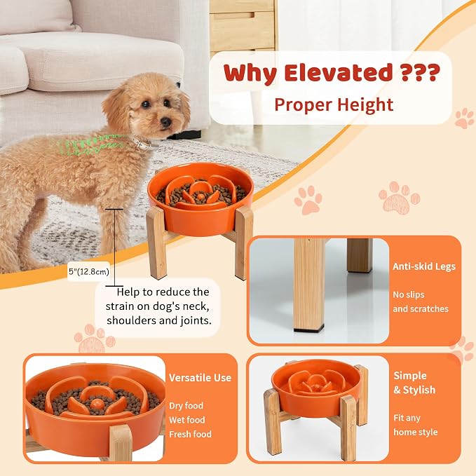Elevated Slow Feeder Dog Bowl - Ceramic Maze Food Dish with Bamboo Stand - Raised Feeding Bowl for Fast Eaters - Ideal for Small and Medium Dogs - Orange - 6.7 inch