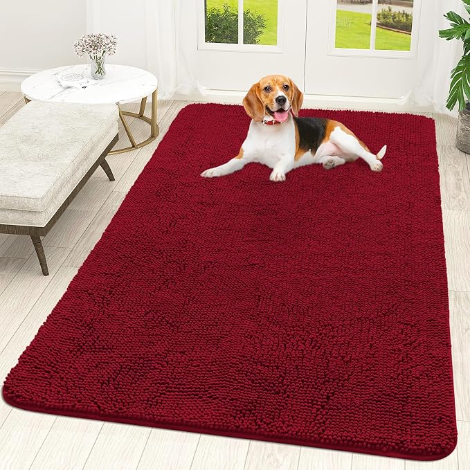 OLANLY Dog Door Mat for Muddy Paws 59x35, Super Absorbent Chenille Mud Mat | Red, Absorbs Moisture and Dirt, Non-Slip Machine Washable Doormat, Quick-Drying Indoor Entryway Floor Carpet for Dogs