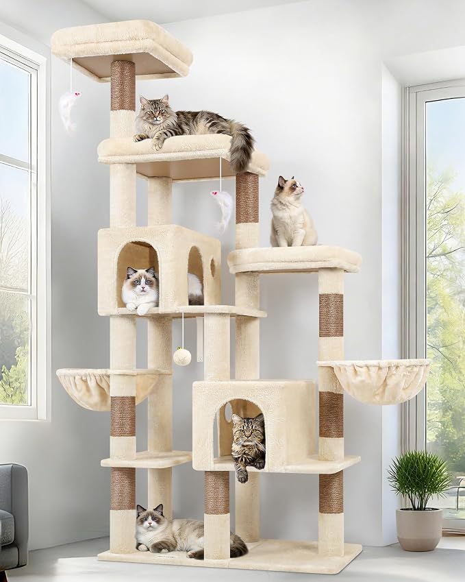 Globlazer 74in Large Sturdy Cat Tree for Large Cats, F74F, Dark Grey | Tall Maine Coon Cat Tower for Indoor Cats Large Adult with 8 Scratching Posts, 2 Spacious Cat Condos, 3 Perches