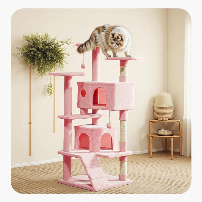 54 Inch Cat Tree Tower with Natural Sisal Scratching Post | Multi-Level Cat Climbing Tower with Hammock, Pet Condo for Indoor Cats and Kittens, Pink