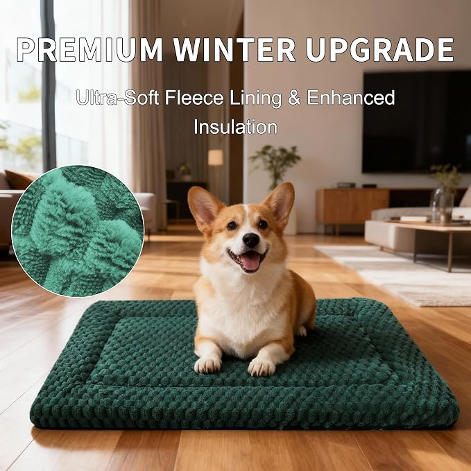 Dog Bed Mat,Reversible & Ultra Soft Kennel Pad-Machine Washable Pet Bed for Dogs & Cats-All-Weather Crate Liner for Crates,Carriers & Travel (Dark Green, 24" L x 18" W x 1.5" Th)