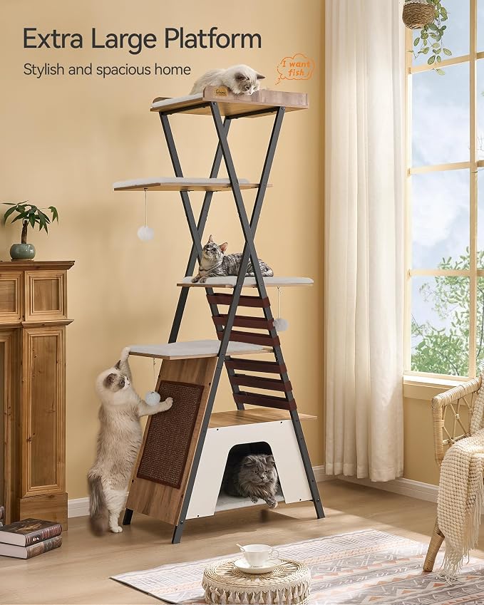 72.4" Cat Tree, Modern Cat Tower for Indoor Cats, Multi-Level Cat Condo with Caves, Tall Cat Tree with Cat Scratching Board, Wooden Cat Tower with Large Perch, Removable Pads, Camel Brown