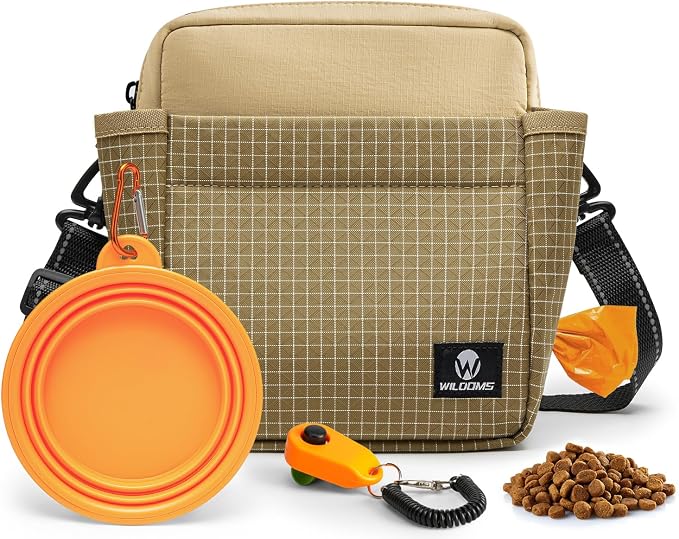 Dog Treat Pouch for Training, Magnetic Dog Walking Bag and Fanny Pack | Large treat pocket with poop bag dispenser, clicker and bowl; hands-free for dog training, walks, park trips and travel
