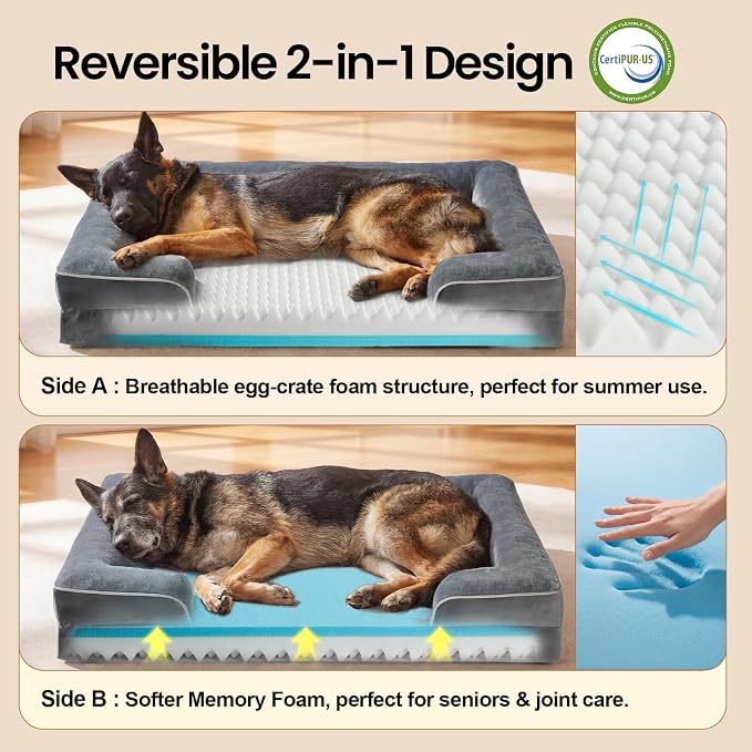 OhGeni Orthopedic Dog Bed Couch Big Cat Sofa for Extra Large Sized Pets with Memory Foam, Machine-Washable Waterproof Removable Cover, Soft Comfortable Fabric, 44-inch (Gray)