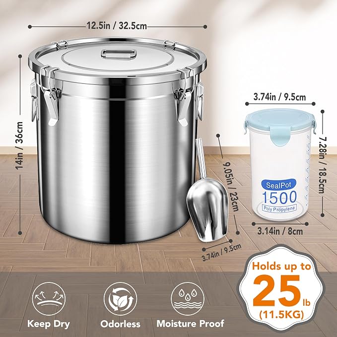 Newget Dog Food Storage Containers, Large Stainless Steel Pet Food Storage Containers 25 lb / 11.5 kg to Keep Fresh, Metal Airtight Cat Food Containers With Scoop and 2 Small Containers