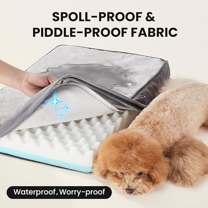 OhGeni Orthopedic Waterproof Dog Bed for Small Dogs, Machine-Washable Removable Cover in Easy-Clean Fabric, Reversible Memory Foam & Easy-Carry Handle, Suitable for Crate, 24 inch (Gray)
