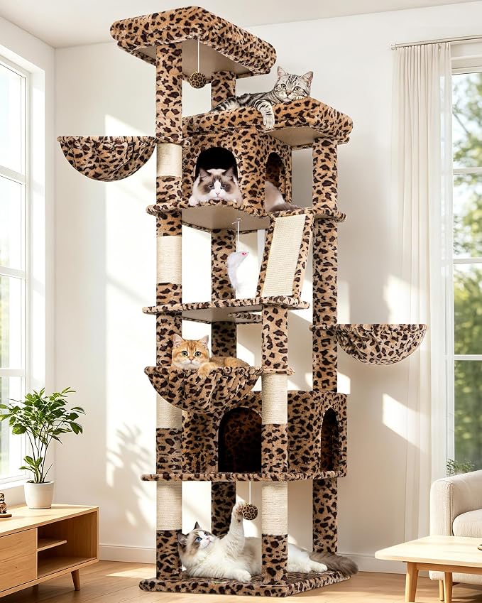 Globlazer 80in Extra Large Leopard Cat Tree Tower, S80G, Leopard Print | Multi-Level Cat Condo For Multiple Indoor Cats Large Adult Kittens, Scratching Posts, Widened Perches, Adjustable Baskets