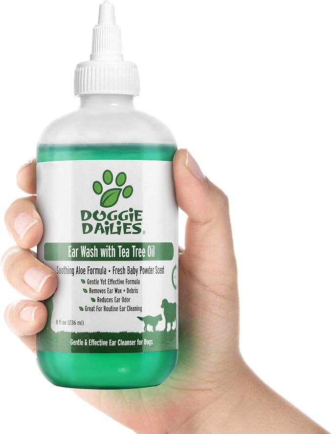 Doggie Dailies Quick Cleansing Ear Wash for Dogs with Tea Tree Oil | Tea Tree Oil & Aloe Vera Formula, Cleans FDog Ears, Removes Debris & Helps Soothe Irritated Skin, Quick Wash for Dog Ears