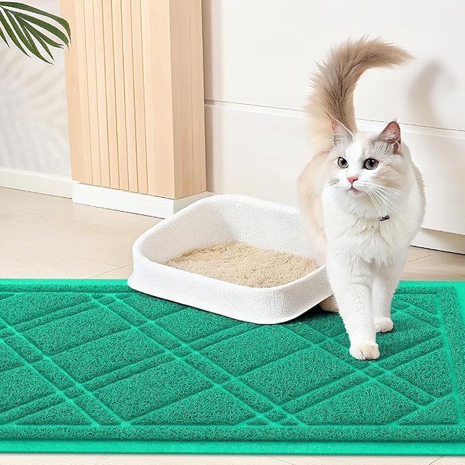 Smiry Cat Litter Box Mat 30x17, Non-Slip Water Resistant Litter Trapping Mat, Easy Clean Less Waste and Urine-Locking Cat Carpet for Indoor, Green