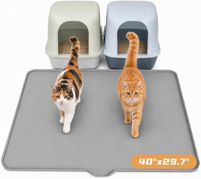 Cat Litter Mat, XL 40"x29.7" Silicone Litter Box Mat, Tilted Drain Spout | Litter Mat Fit 1-2 Boxes, Extra Wide Kitty Litter Mat, Waterproof Urine Proof, Non-Slip, Easy to Clean, High Edge