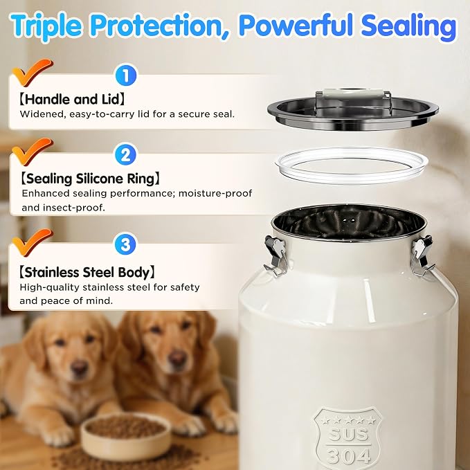 Large 304 Metal Dog Food Storage Container 48LB /45 Qt, Stainless Steel Airtight Pet Food Containers with Lid & Scoop, Pet Food Bin for Dogs, Cats and Dry Food Storage Keep Fresh
