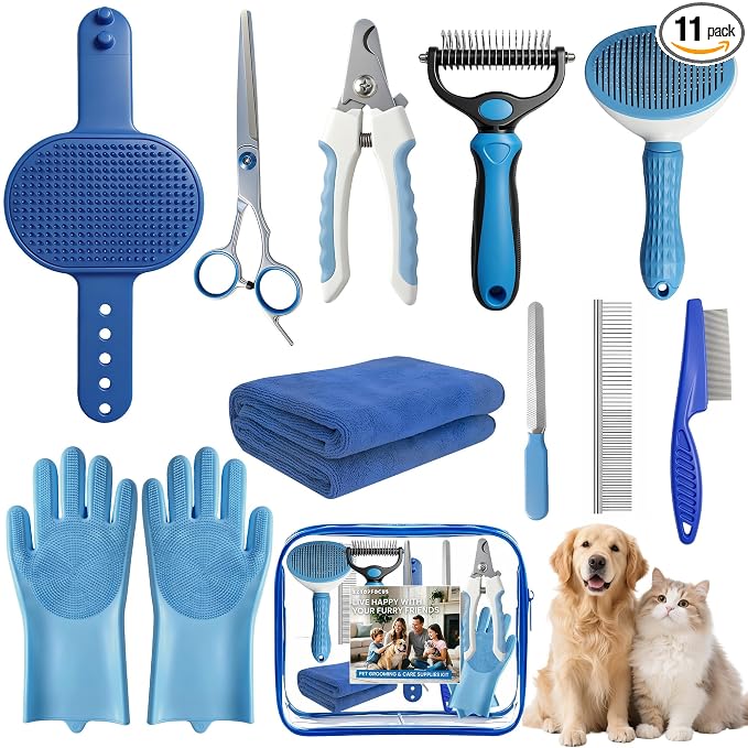 11 Piece Dog Grooming Kit - Hair, Nail, Massage Bath Supplies For Pets Cats | slicker dog brush for shedding，comb, undercoat rake, nail clipper tool, towel, scrubber gloves, scissors, all in one fur care