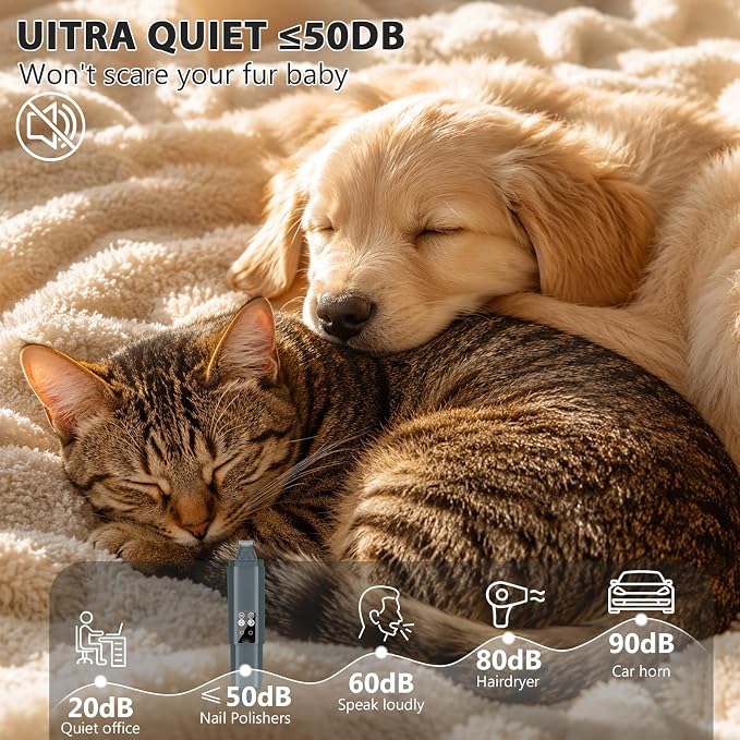 Dog Nail Grinder Quiet, 2-in-1 Paw Pad Trimmer with Light for Pets | 50dB Safe Electric Painless Grooming, 3 Grinding Ports for Paws, Faces, Ears and Body of Small & Medium Cats and Dogs