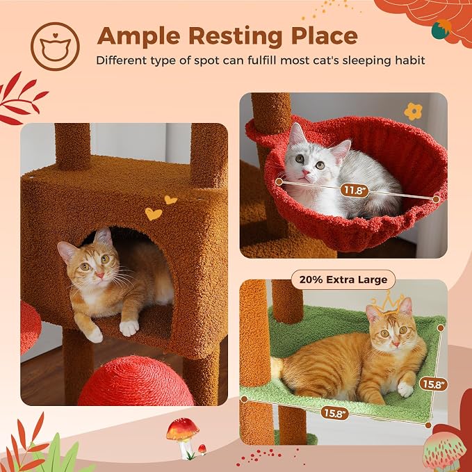 PEQULTI Floor to Ceiling Cat Tree Tower, Height Adjustable 230-252cm, Brown | Mushroom climbing pole for large cats with cat condo, hammock & sisal scratching posts; measure ceiling, fits 230-252cm