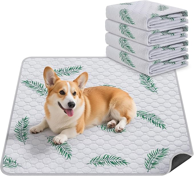 Washable Dog Pee Pads, Non-Slip Waterproof, 18 x 24 in, 4 Pack, Leaf | Super absorbent, waterproof and non-slip; washable, reusable dog pads for crates, playpens, floors, furniture and travel
