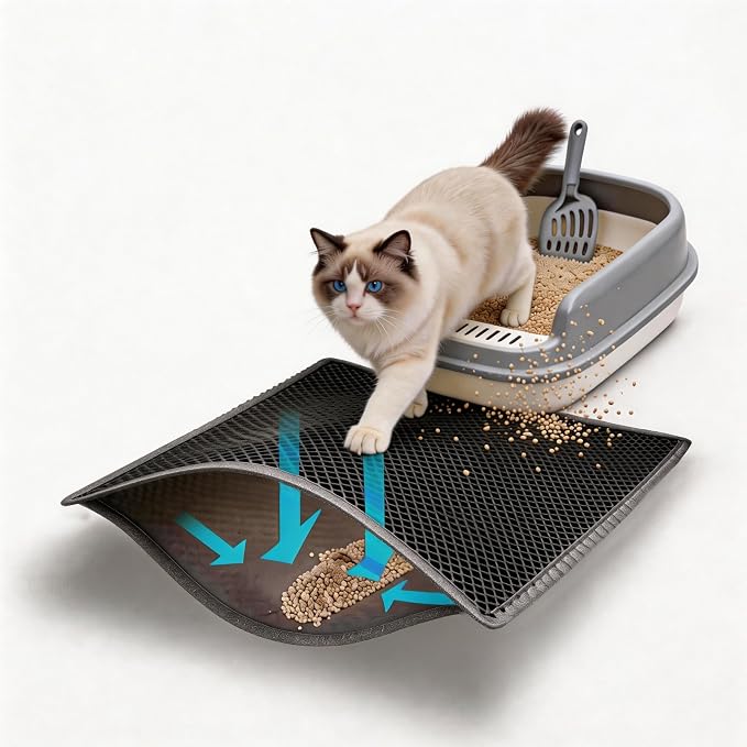 Cat Litter Mat Large, 35x25in Kitty Litter Box Mat Larger for Scatter-Free | 2-Layer Honeycomb Effective Litter Trapping Mat, Oversized Large Waterproof Urine-Resistant Cat Mat, Easy Lift & Pour, Gray