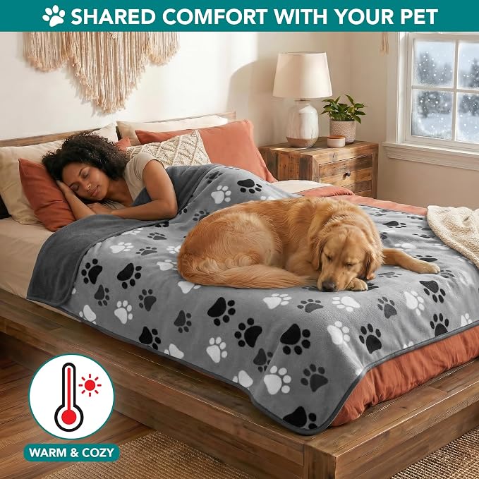 PetAmi Waterproof Dog Blanket for Couch, Pee Proof Reversible Cat Blanket for Sofa Bed Furniture Protector, Soft Fleece Washable Pet Throw for Dogs Cats Puppies Kittens, 60x80 Paw Print Gray